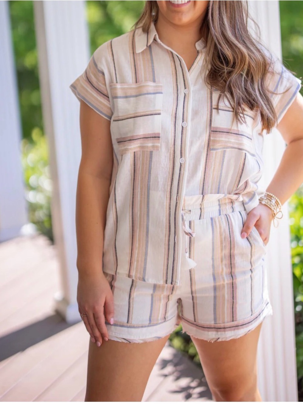 Fate Striped Button-Front & shorts in White, Pink, gray & Gold